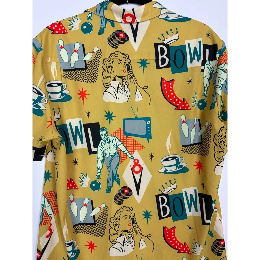 Royaura Bowling Graphic Retro Short Sleeve Button Down Shirt Size M